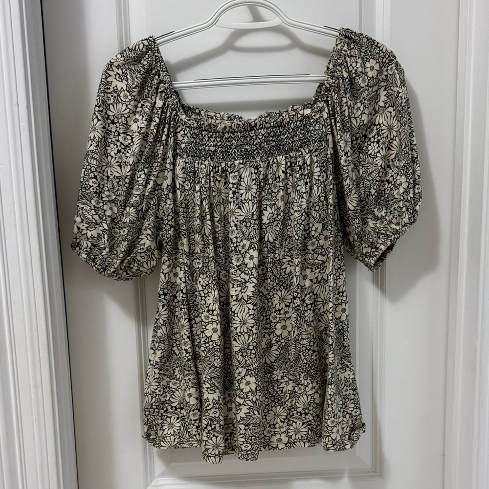 Wonderly Cream and Green Floral Smocked Off-Shoulder Top